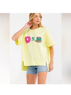 Womens short sleeve sequins graphic high-low oversized to new